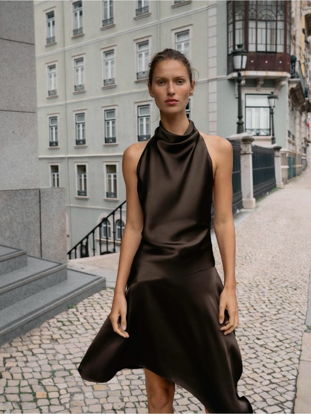 Zara Dark Brown Satin Asymmetrical Halter Dress